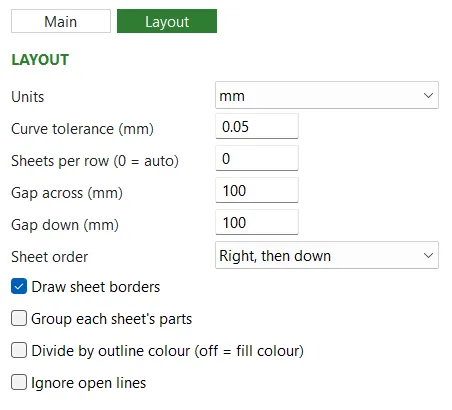 The Layout tab: units, curve tolerance, sheet rows and gaps, borders and sorting by outline colour.