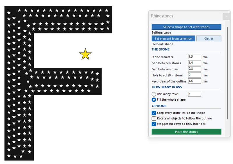 The same letter filled with a star from the drawing, placed along the rows instead of circles.